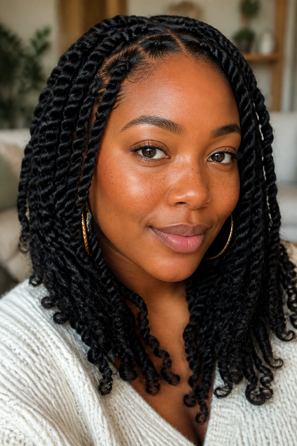 Close-up of real woman with rope-twist braids, soft rounded texture under natural window light