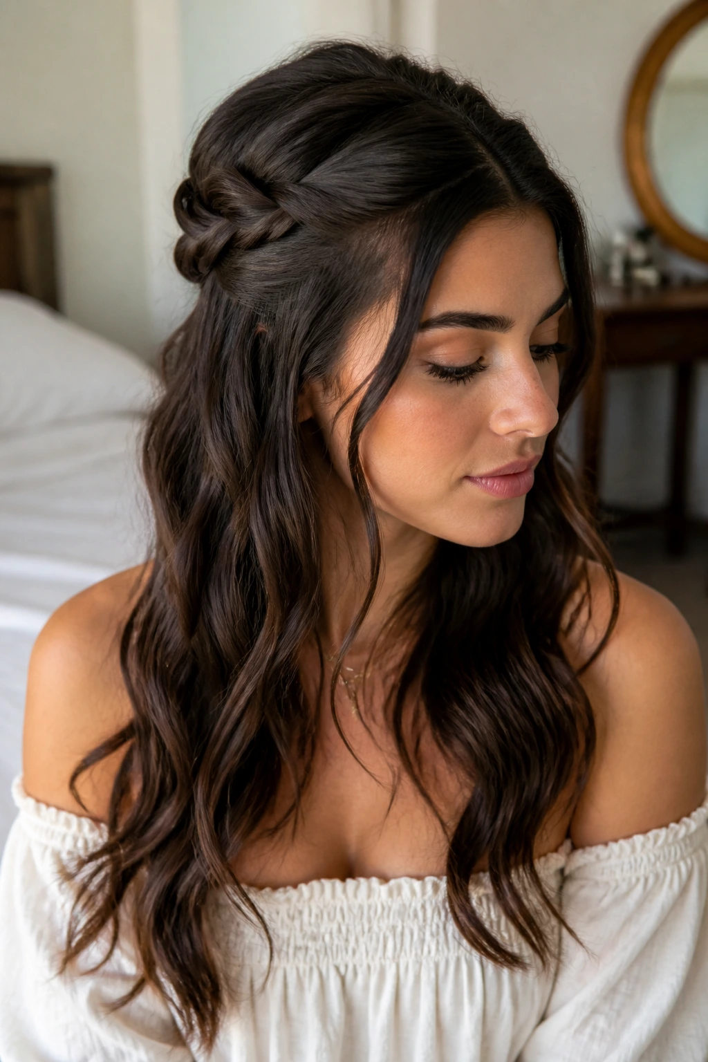 Brunette with half-up rope twist and loose waves