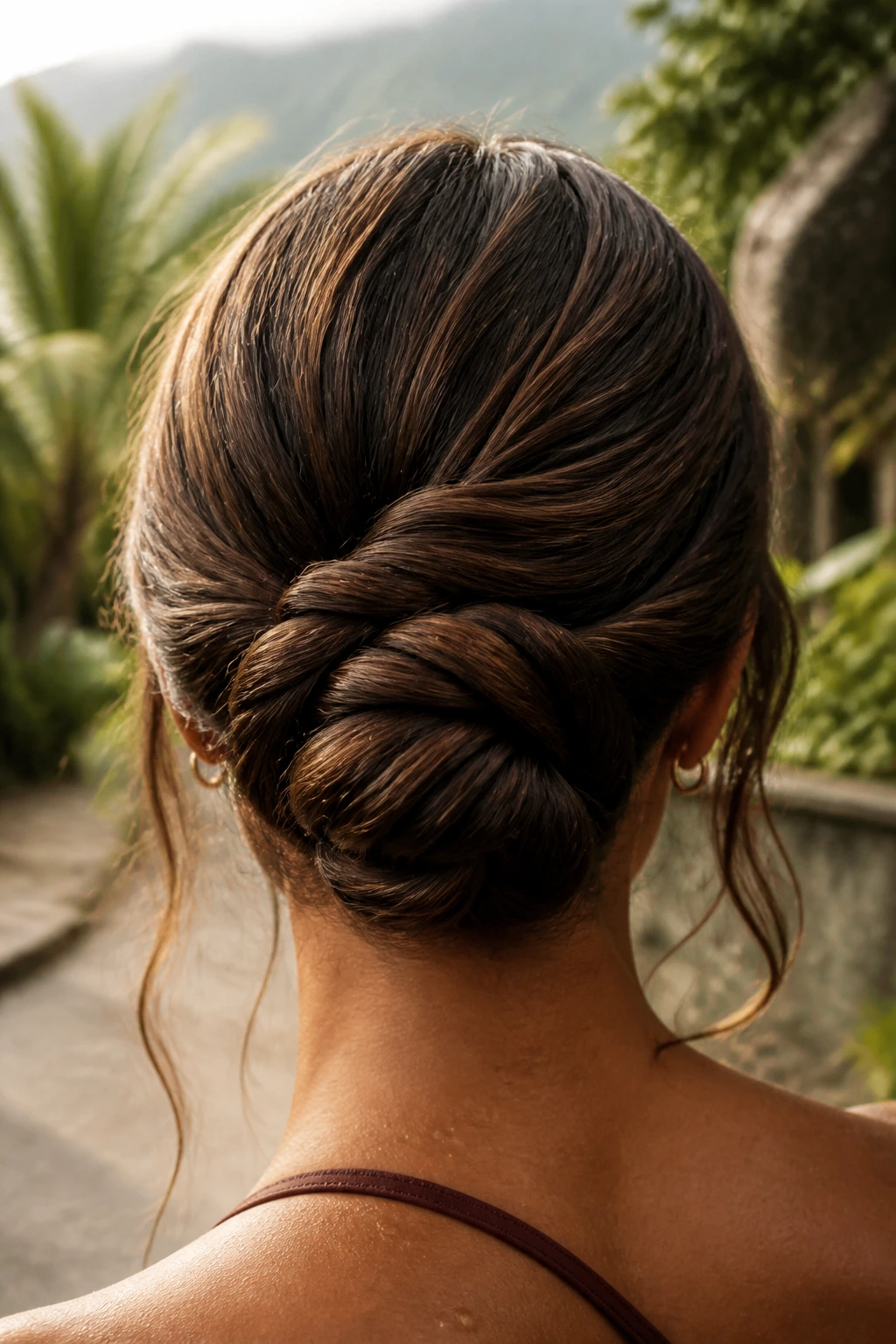 Back-of-head view of a real woman with a rope-twist bun in warm brunette tones.