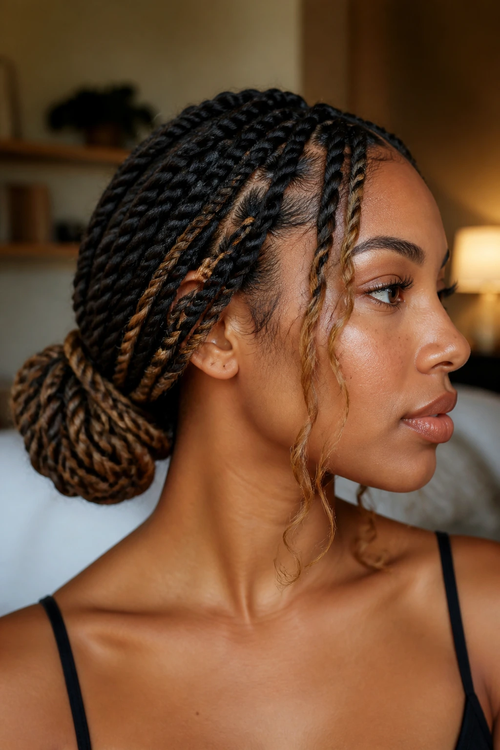 Real woman with chunky rope twist bun and caramel money pieces