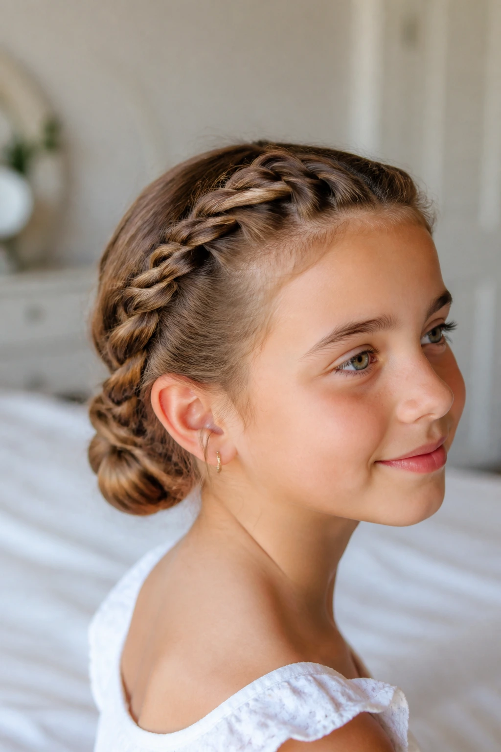 Close-up of a real child with rope-twist braids forming a tucked low bun in natural bedroom light