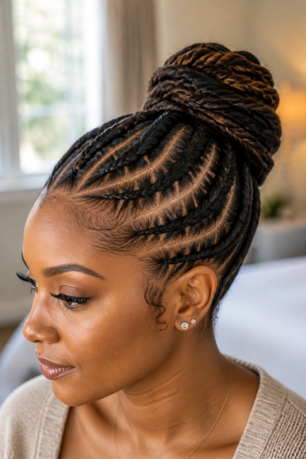 Close-up of a real woman's rope-twist and French braid hybrid bun hairstyle in warm window light.