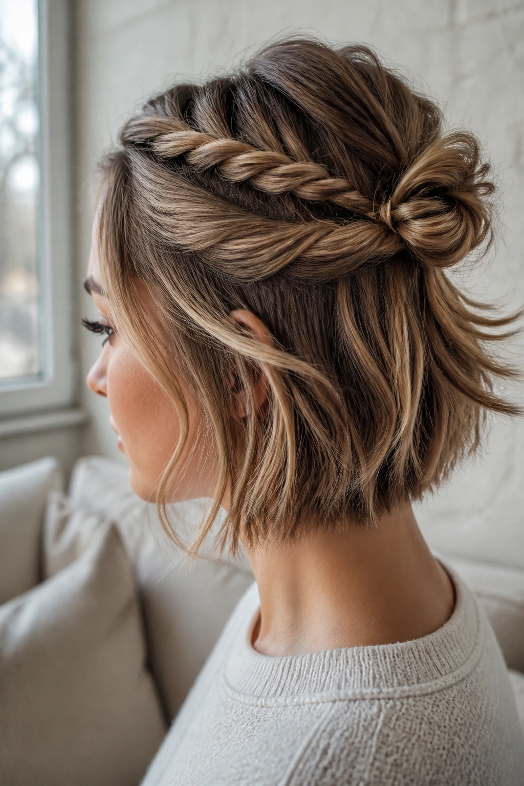 Close-up of two rope twists forming a compact bun at the crown on a real person
