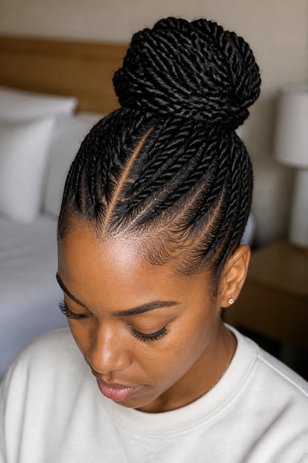 Real woman with center-part rope twist bun that keeps the front neat