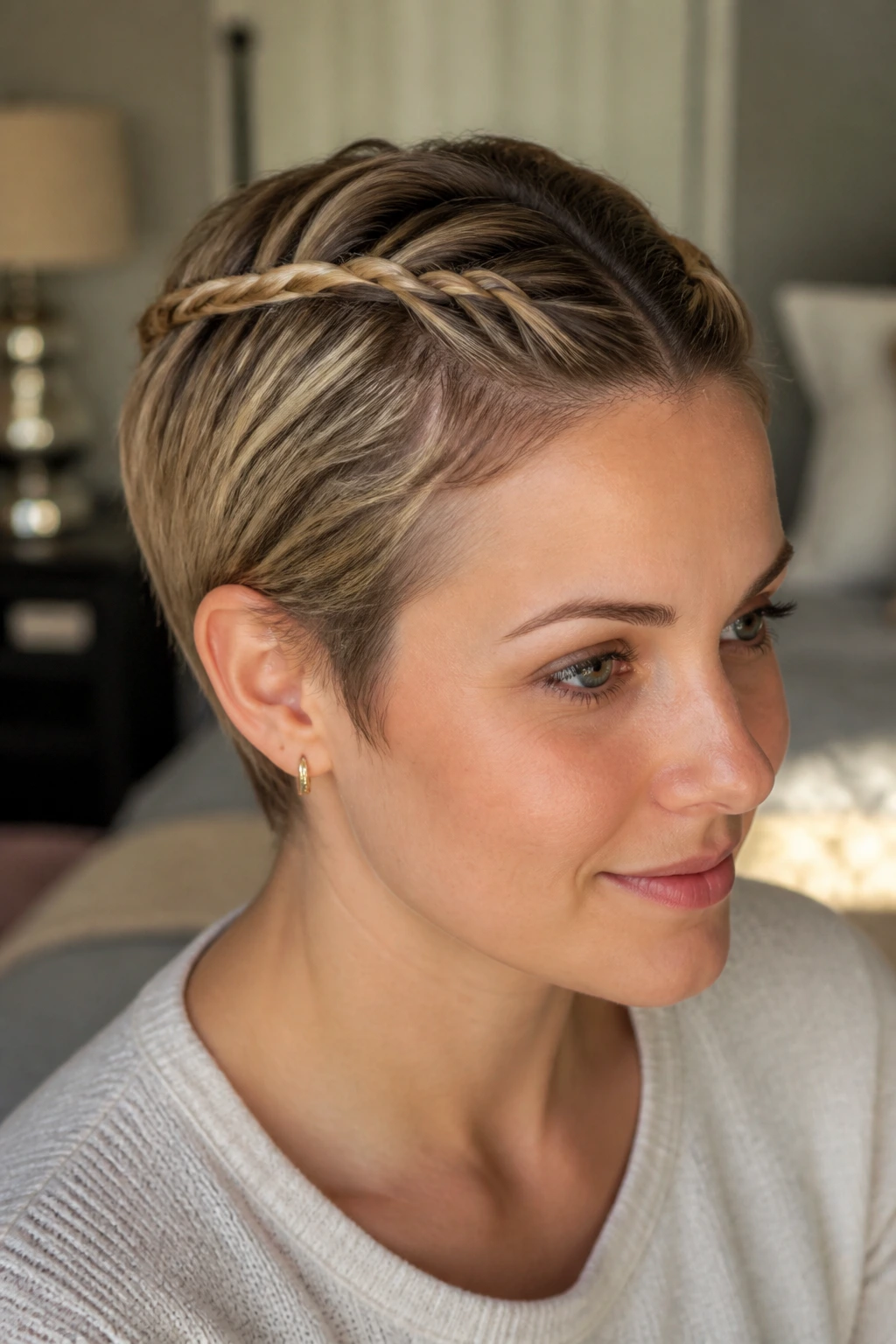 Close-up of a real woman wearing rope-twist crown accents in her hair