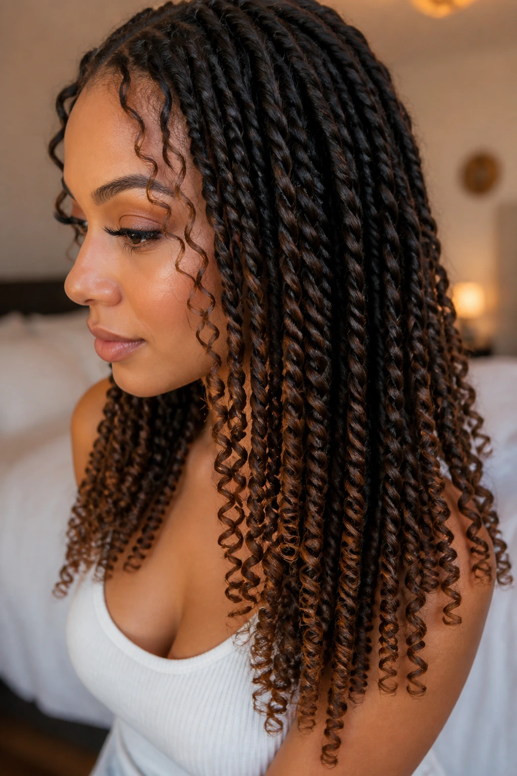 Close-up portrait of a real woman with rope-twist curls