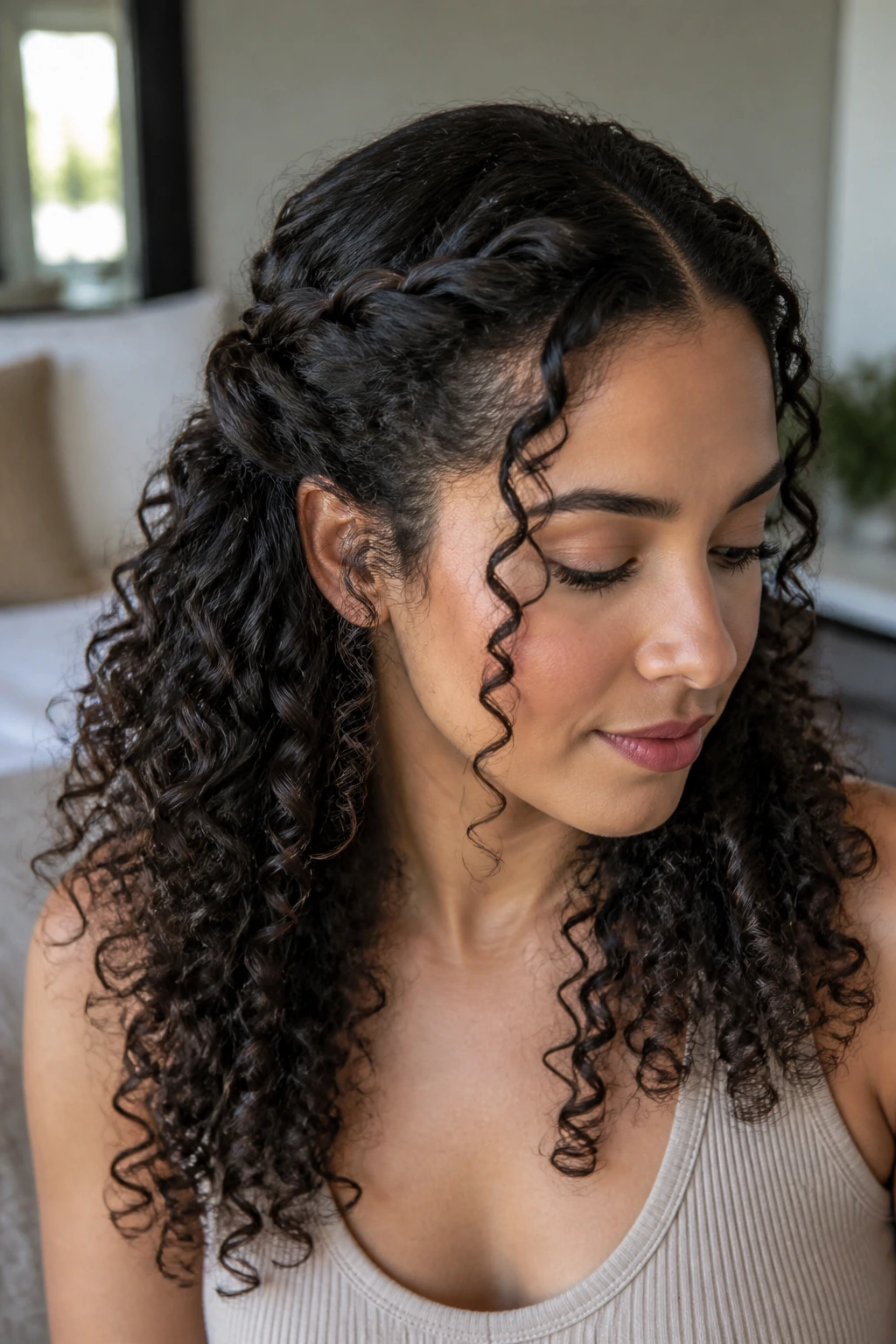 Woman with half-up rope twist and loose curls