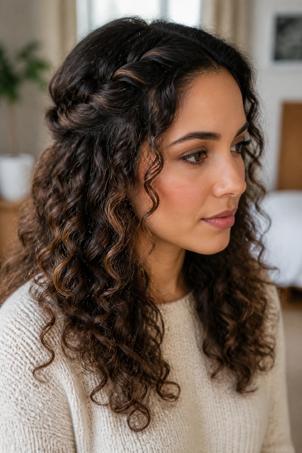 Close-up portrait of a real woman with two rope twists pinned at the back and loose curls.