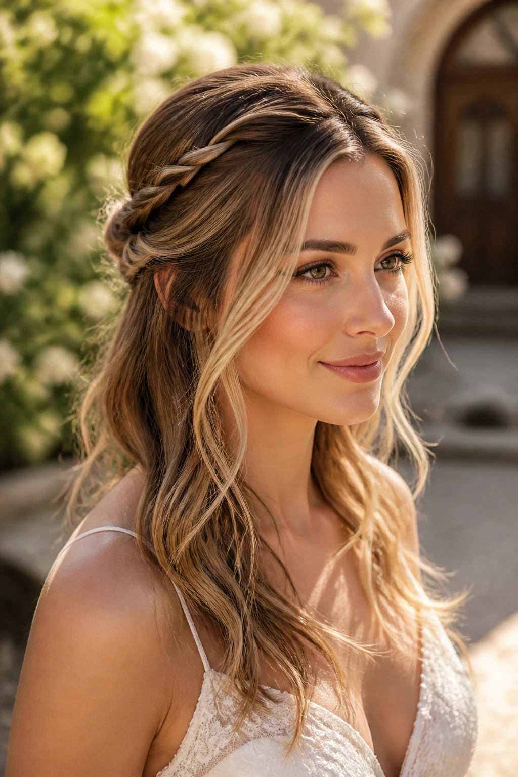 Bride wearing rope-twist half-up for fine hair