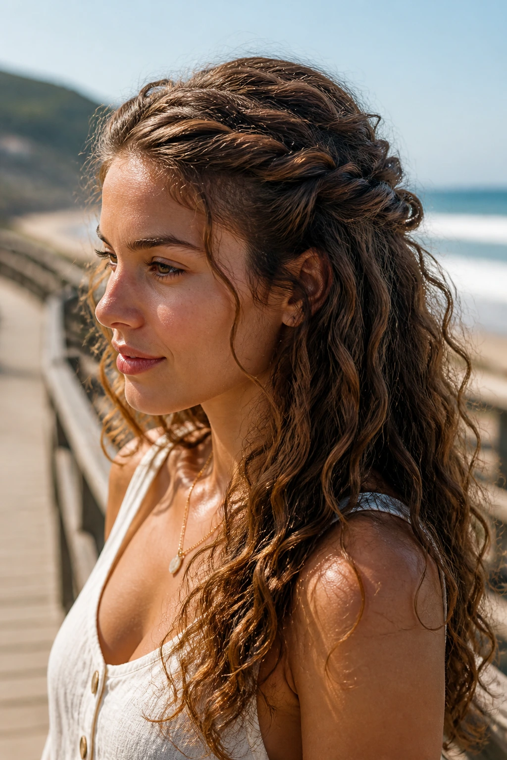 Medium close-up of a real woman with rope-twisted crown and loose curls
