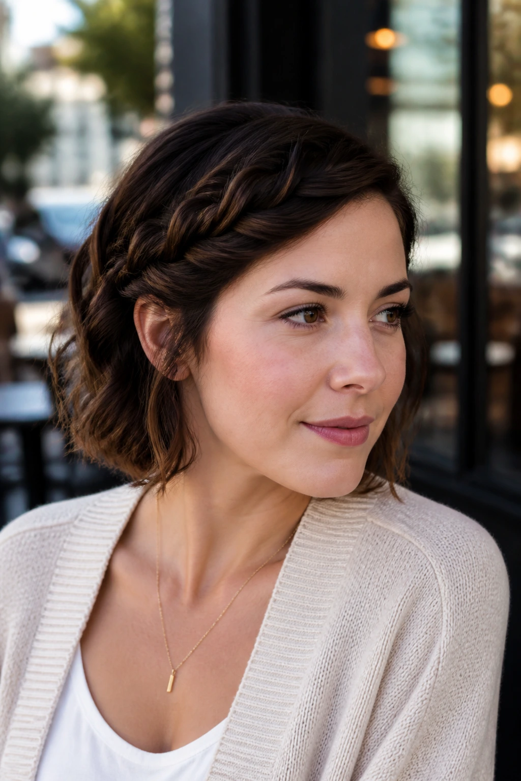 Medium close-up of a woman showing a side-swept rope twist behind the ear