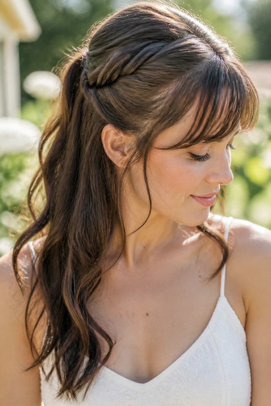 Real woman with rope-twist half pony and side-swept bangs.