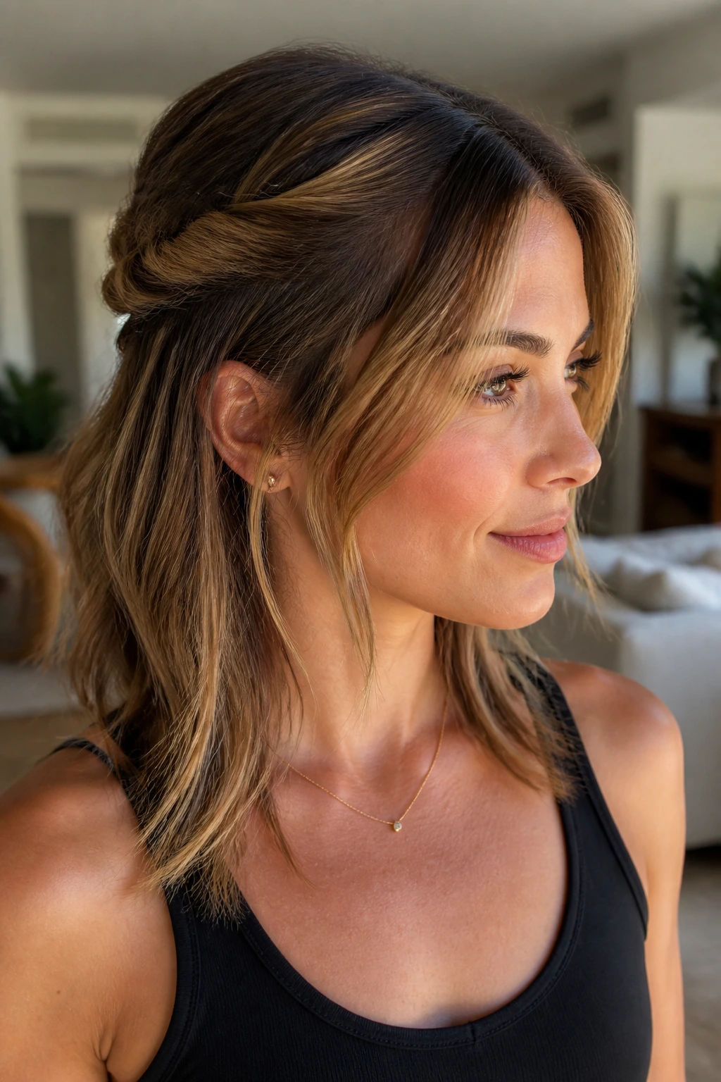 Close-up portrait of real woman with rope-twist half-up hairstyle
