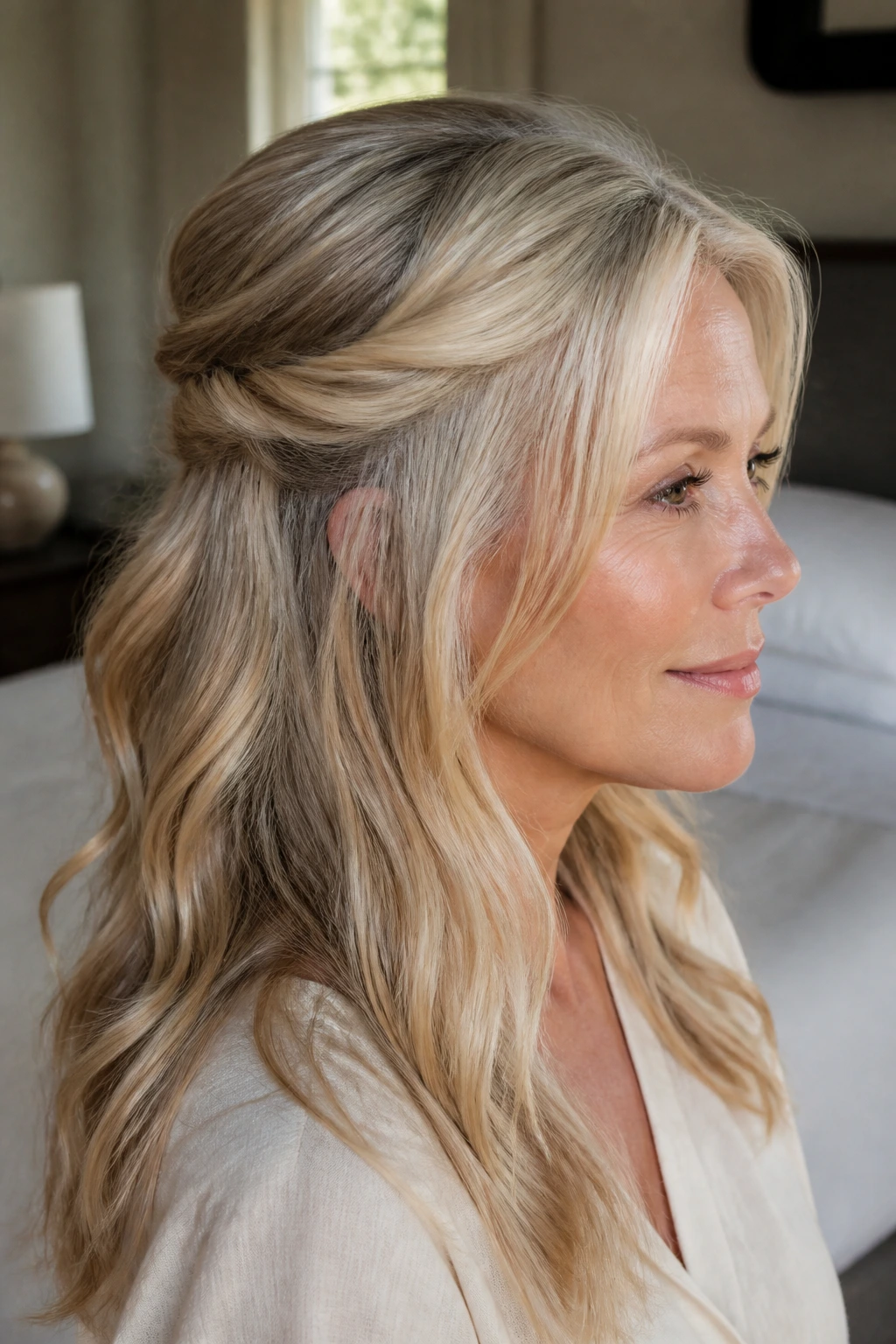 Close-up of woman with rope-twist half-up hairstyle in a sunlit room