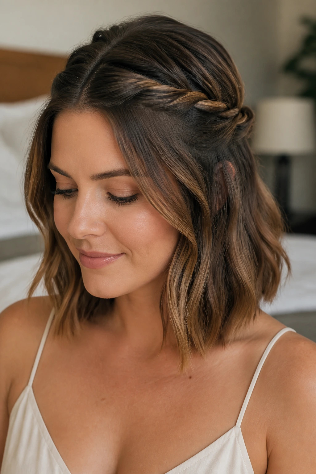 Close-up of a real woman with rope-twist half-up hairstyle, twists at crown and hair down along jaw