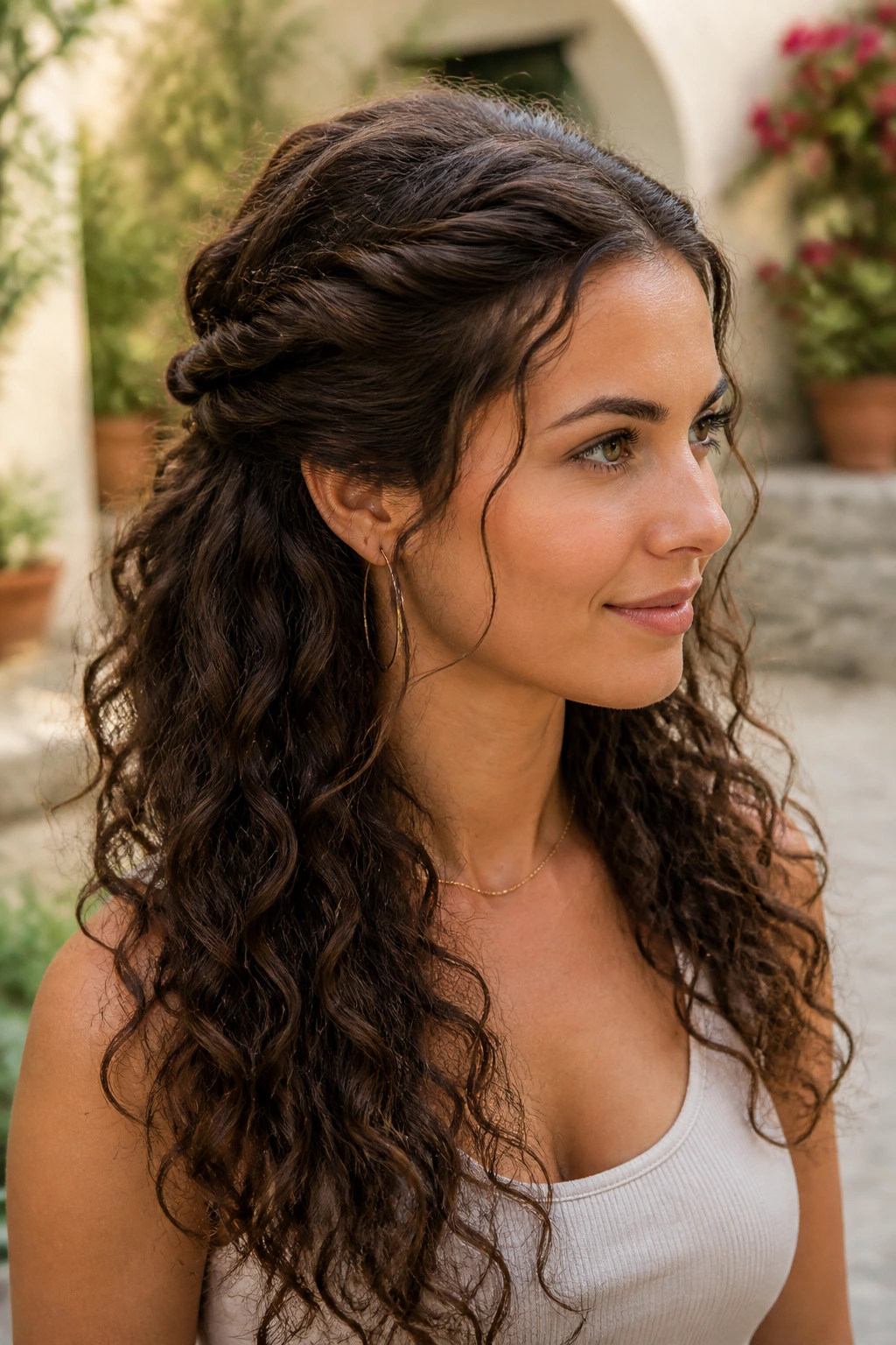 Portrait of a woman with rope-twist half-up hairstyle outdoors in a courtyard.