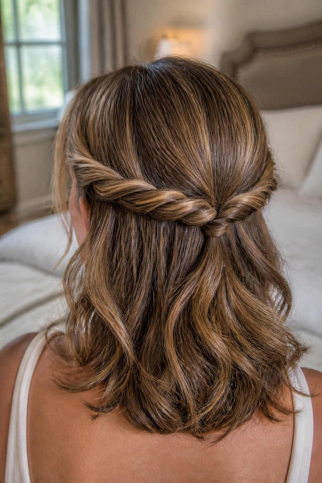 Close-up of a real woman with a rope-twist half-up hairstyle on medium-length hair in warm window light