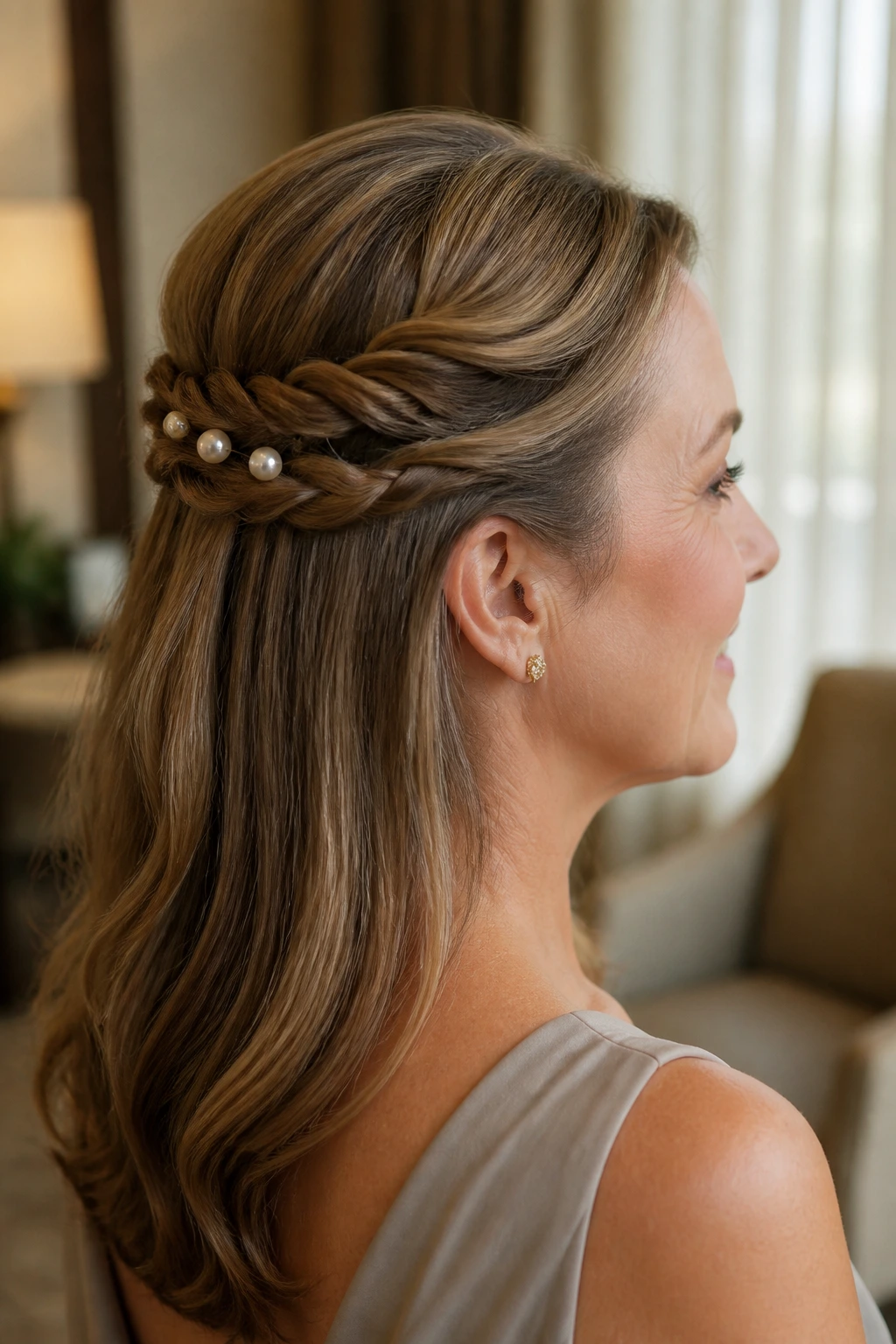 Close-up of a real woman with rope-twist hairstyle and pearl pins