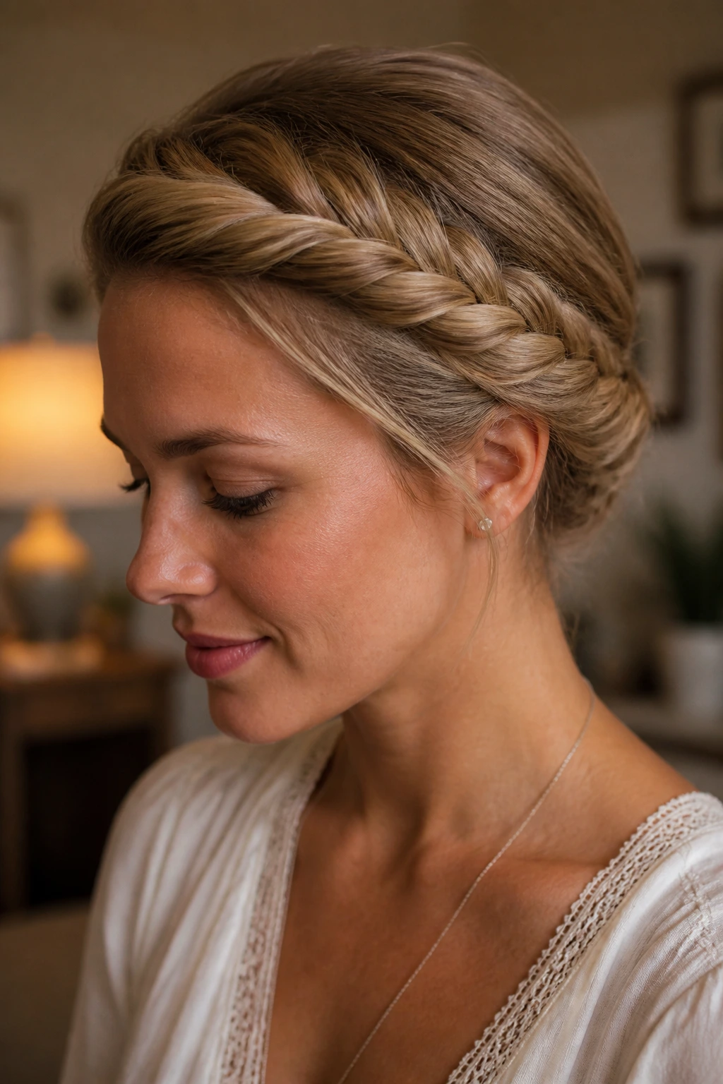 Close-up of a real person with a rope twist halo around the head