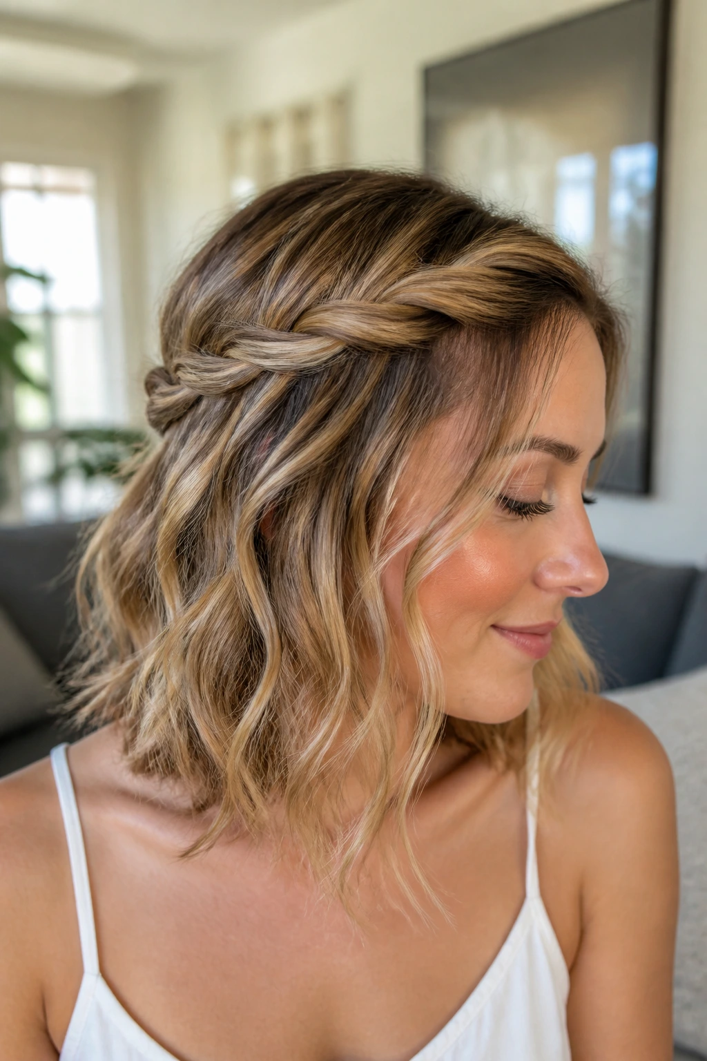 Real woman with rope twist halo and loose beachy waves.