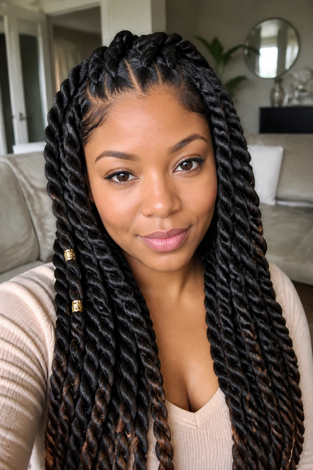 Close-up of rope-twist jumbo hybrid hairstyle on a real person.