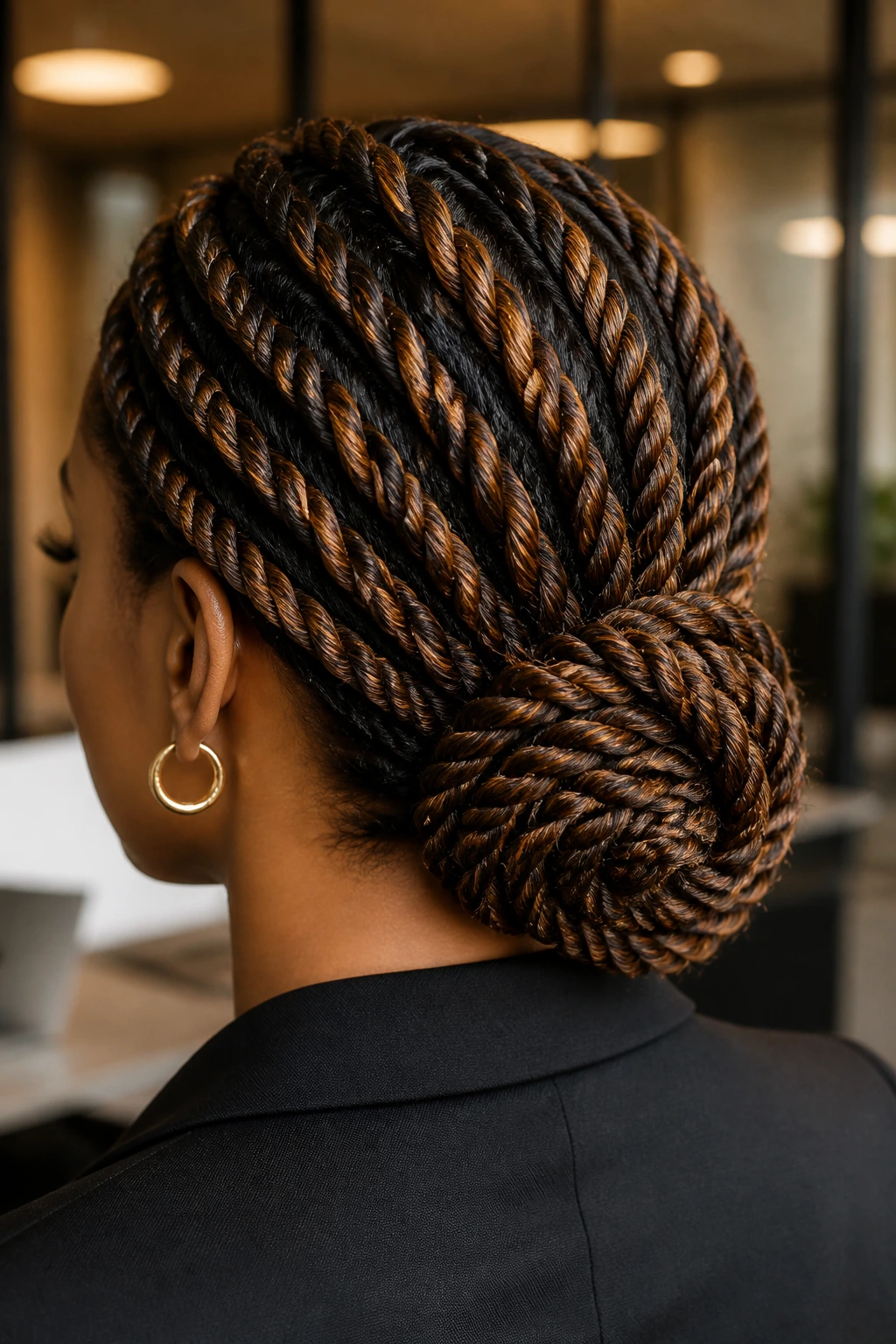 Real woman with a rope-twist low bun and caramel highlights.