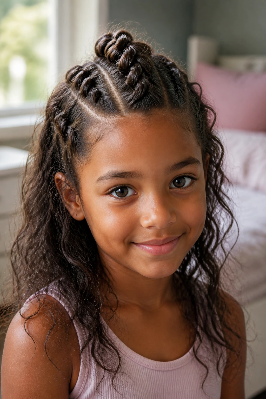 Close-up of a real young girl showing a rope-twist mohawk with loose ends in soft window light.