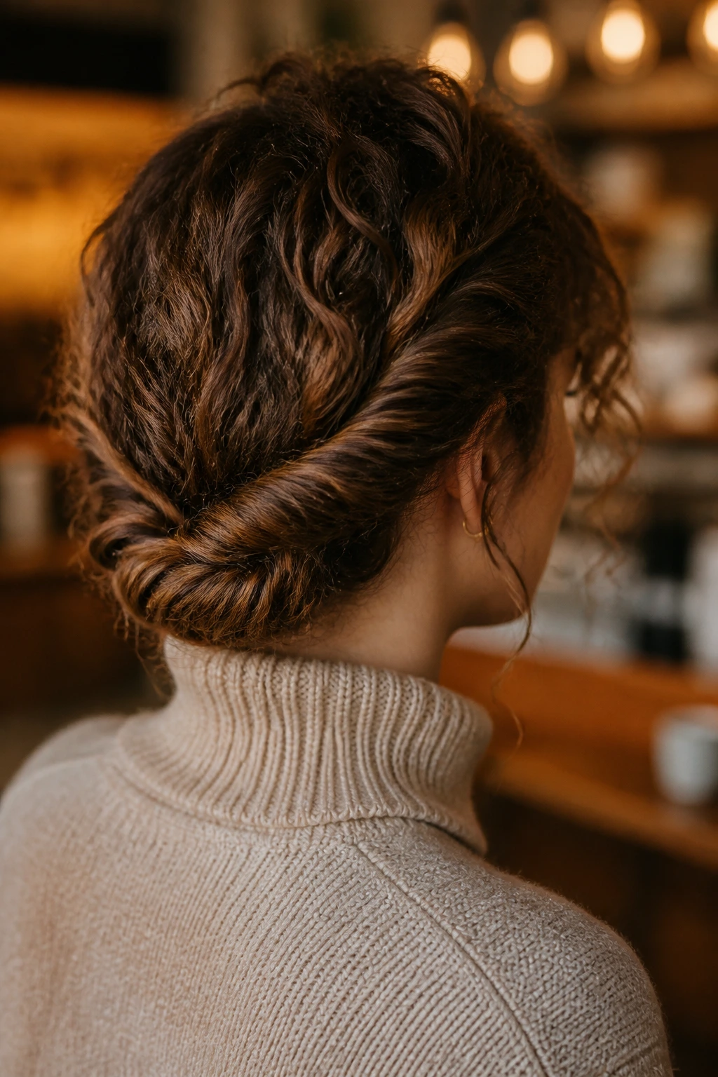 Close-up of a rope-twist nape bun on a real woman with curly hair.
