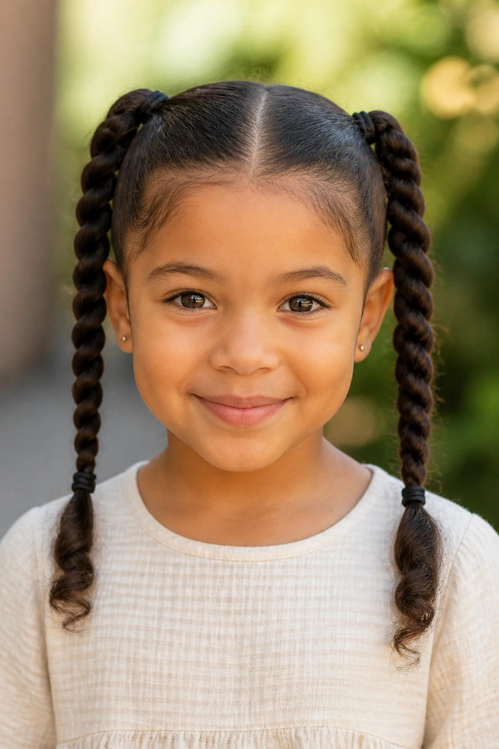Real child with rope twist pigtails, close-up