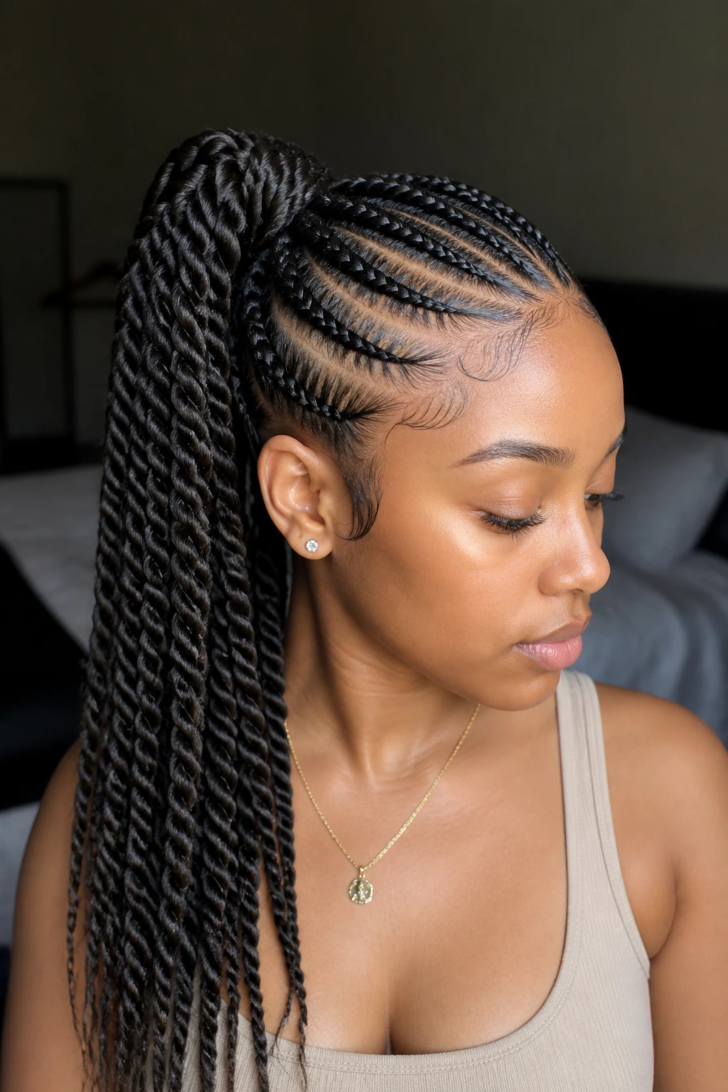 Close-up portrait of a real woman with rope-twist ponytail and braided base under natural window light