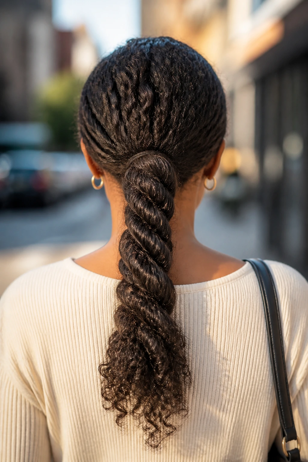 Back view of a person with a rope twist ponytail on curly hair.
