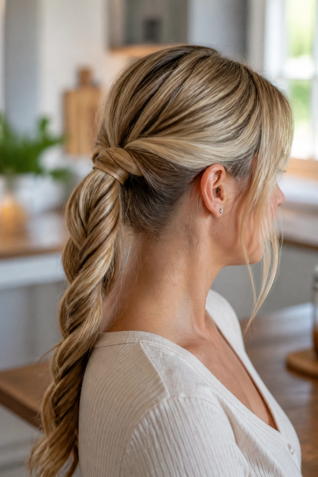 Close-up of a real woman with a rope-twist ponytail hairstyle