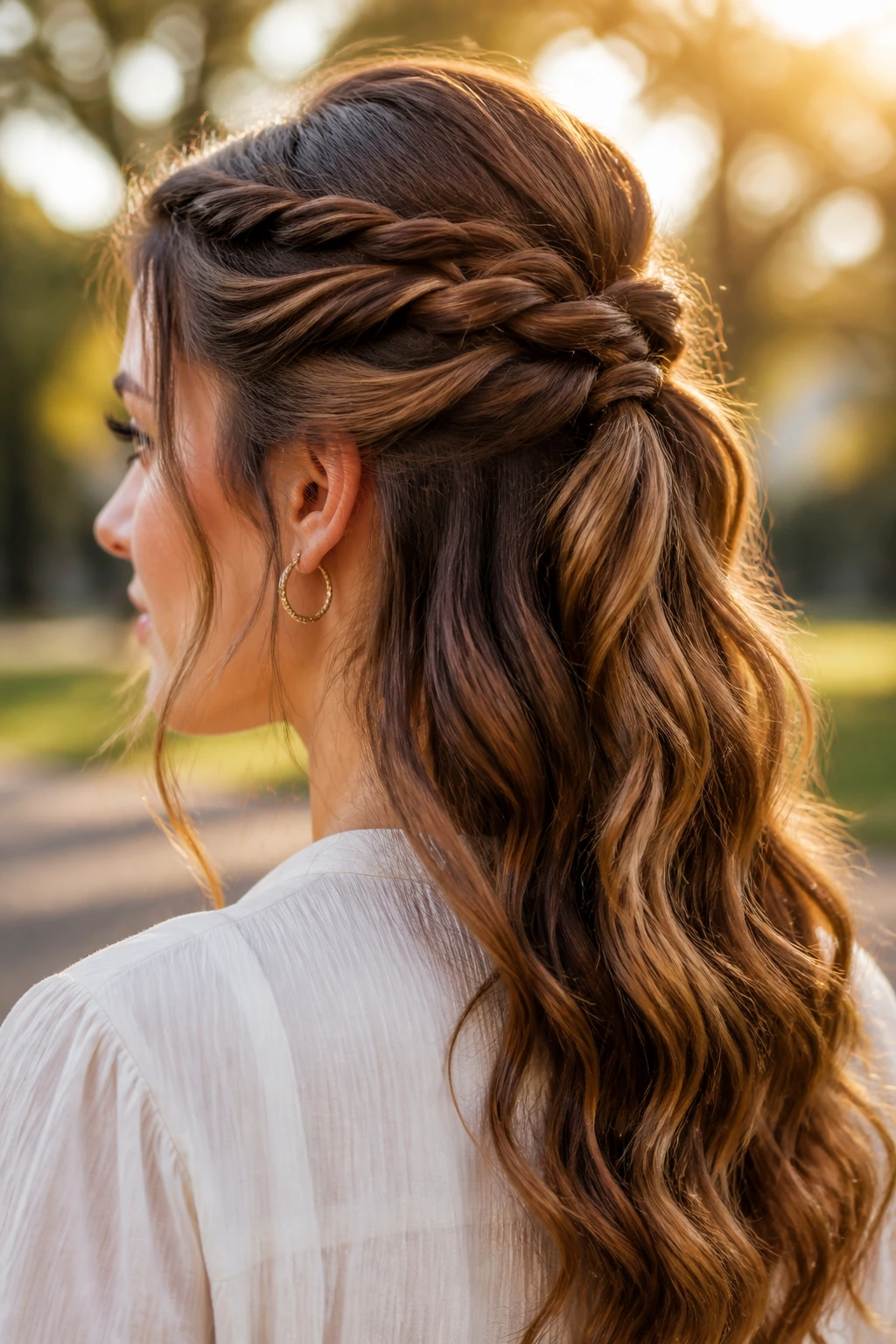 Portrait of a real woman with rope-twist half-up ponytail and long waves.