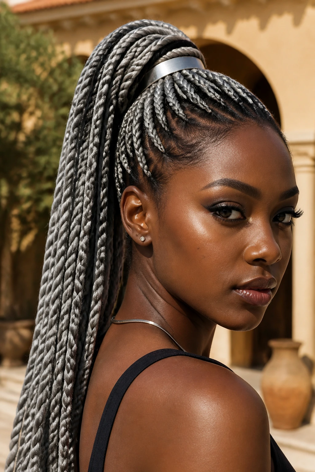 Portrait of a real person with lunar-gray rope twists in a ponytail with metallic cuff