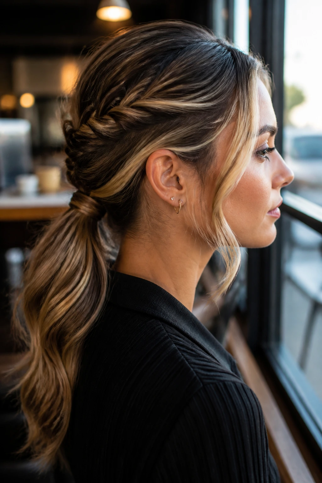 Close-up portrait of rope-twist low ponytail with money-piece highlights on a real woman in a cafe setting