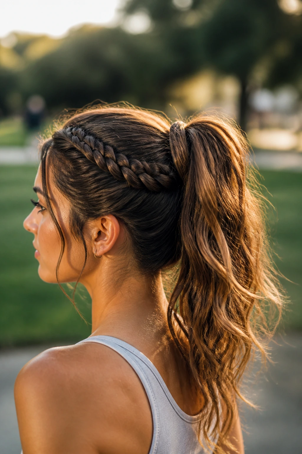 Portrait of a person wearing a rope-twist high ponytail with loose, wavy ends outdoors at golden hour