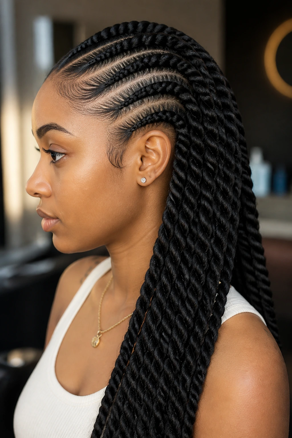 Medium close-up of a real woman with rope-twist braids and a sleek base on wavy hair