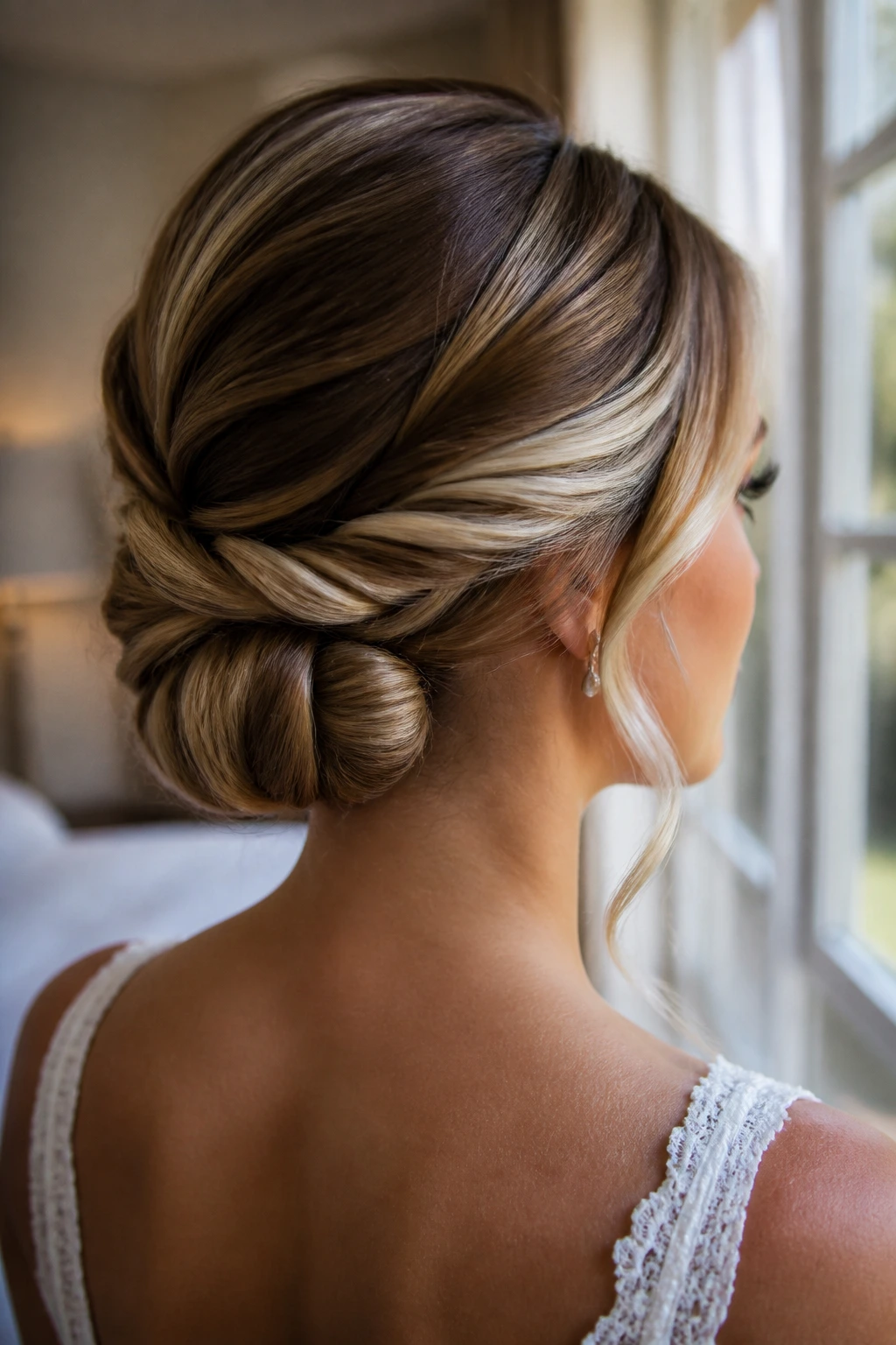 Close-up of a rope-twist low updo with glossy ends and front money piece on a real bride