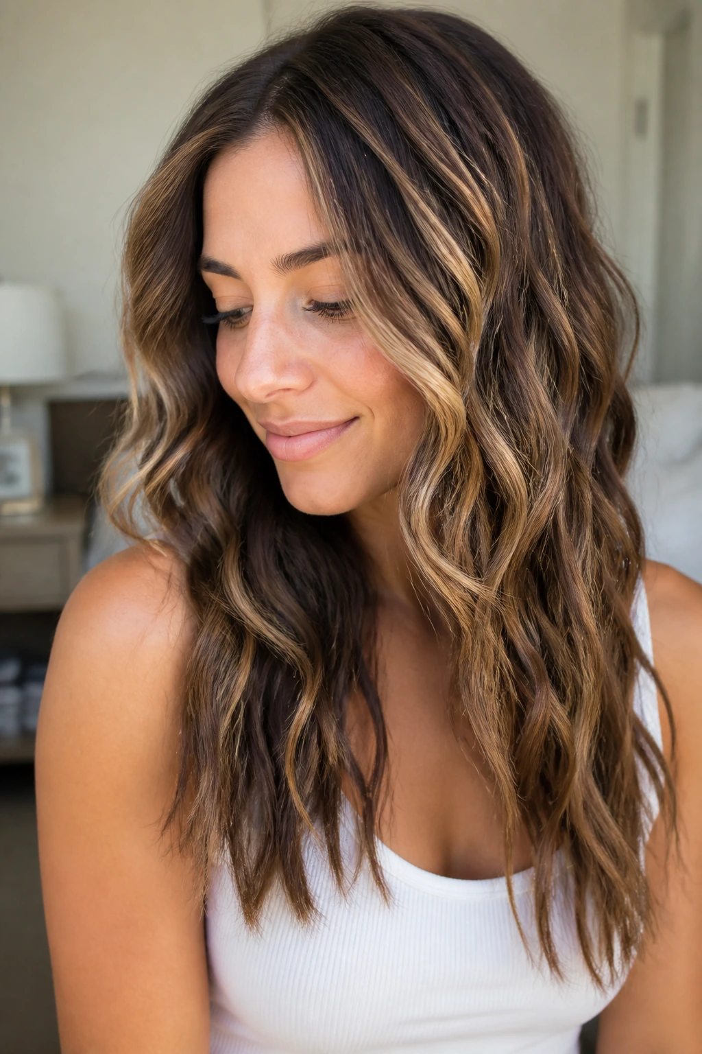 Close-up of a real woman's head showing rope-twist waves and babylights
