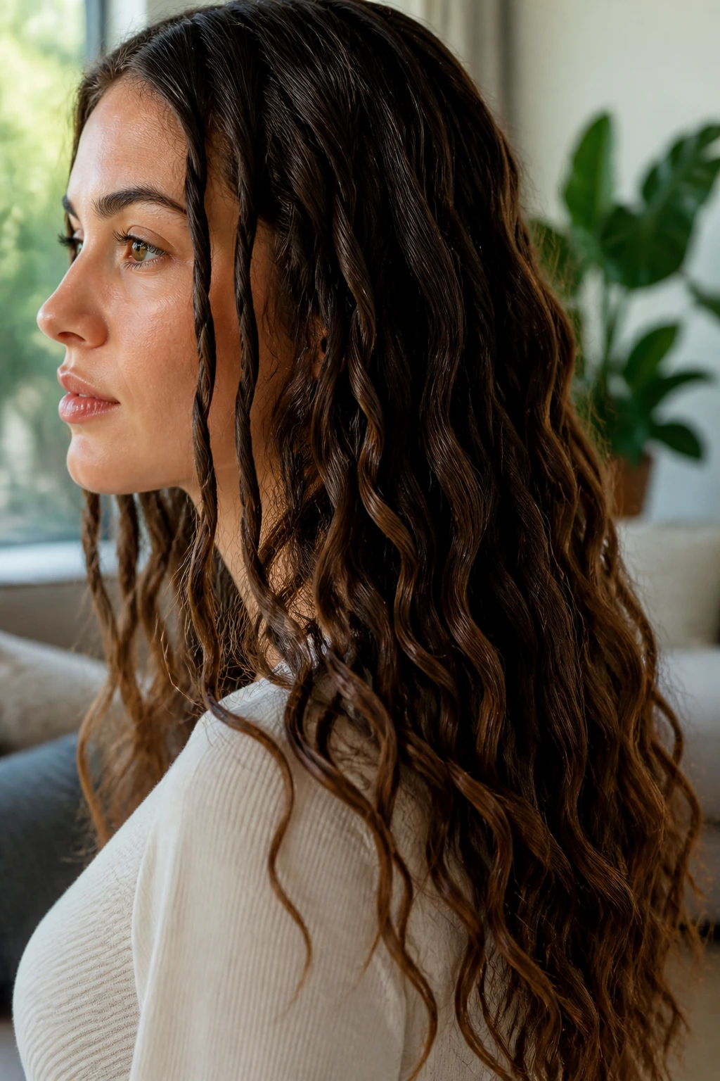 Close-up of a real woman with rope-twist waves in long hair.