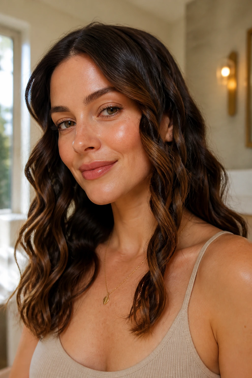 Real woman with rope-twist soft waves framing a heart-shaped face.