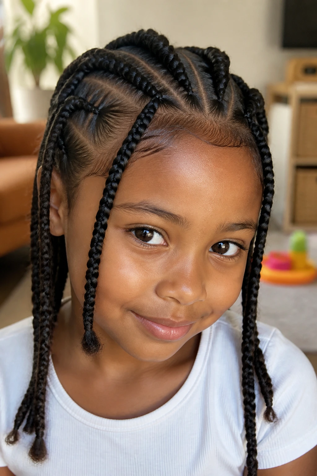Close-up of a real child with rope twists at the front feeding into braids along the sides, home lighting