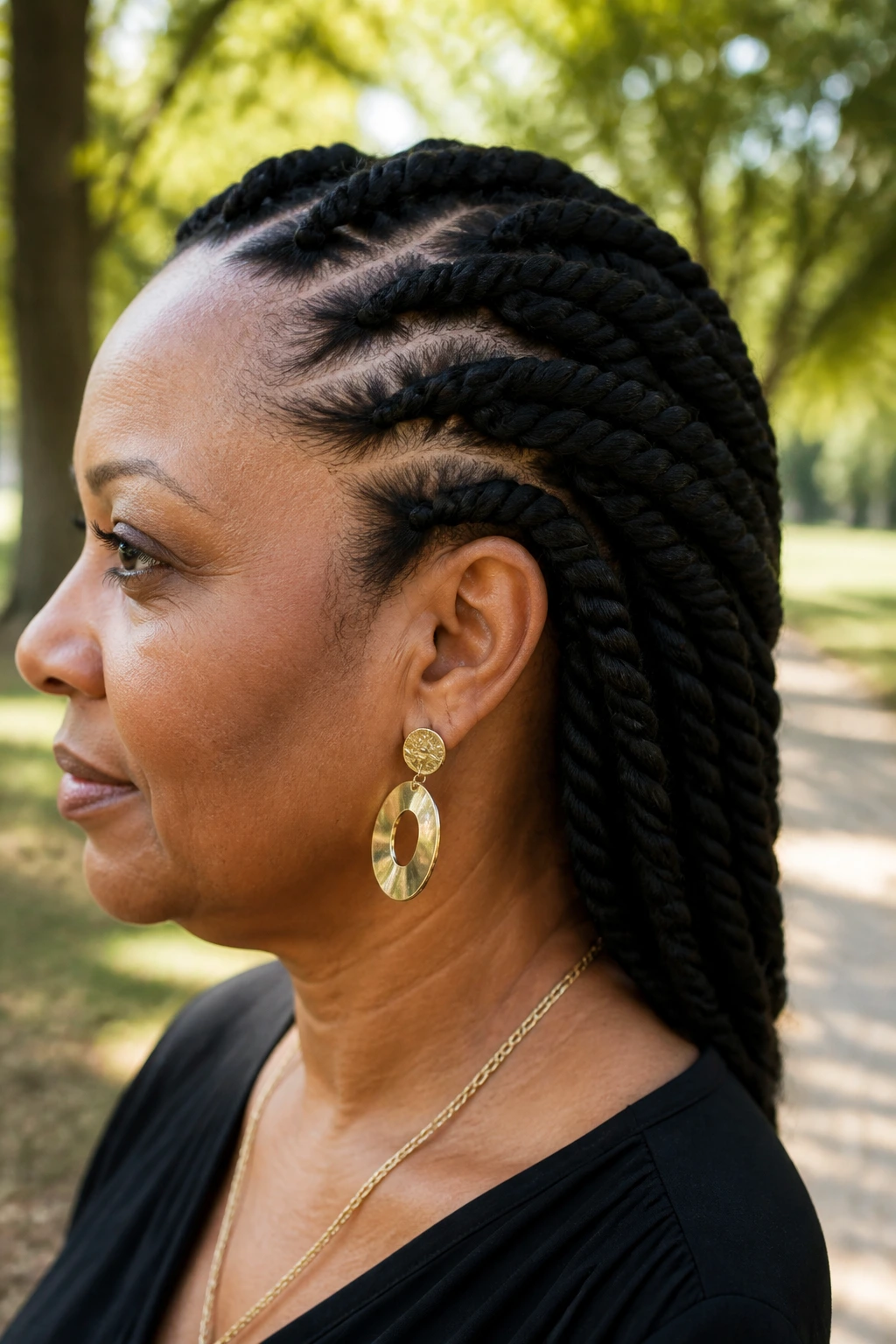 Close-up of a real woman with rope-twist braids in side profile outdoors