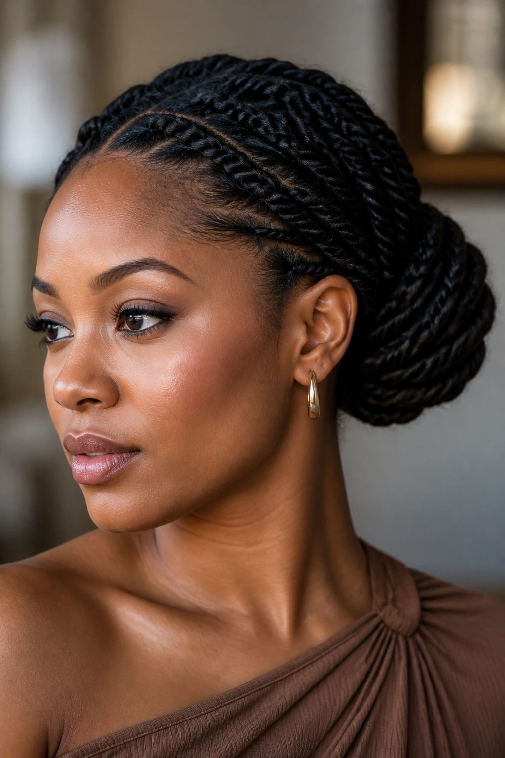Close-up of a real woman with medium rope twists forming a neat bun.