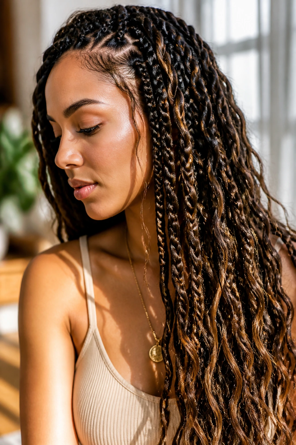 Close-up of a real woman with rope twist braids and mermaid texture