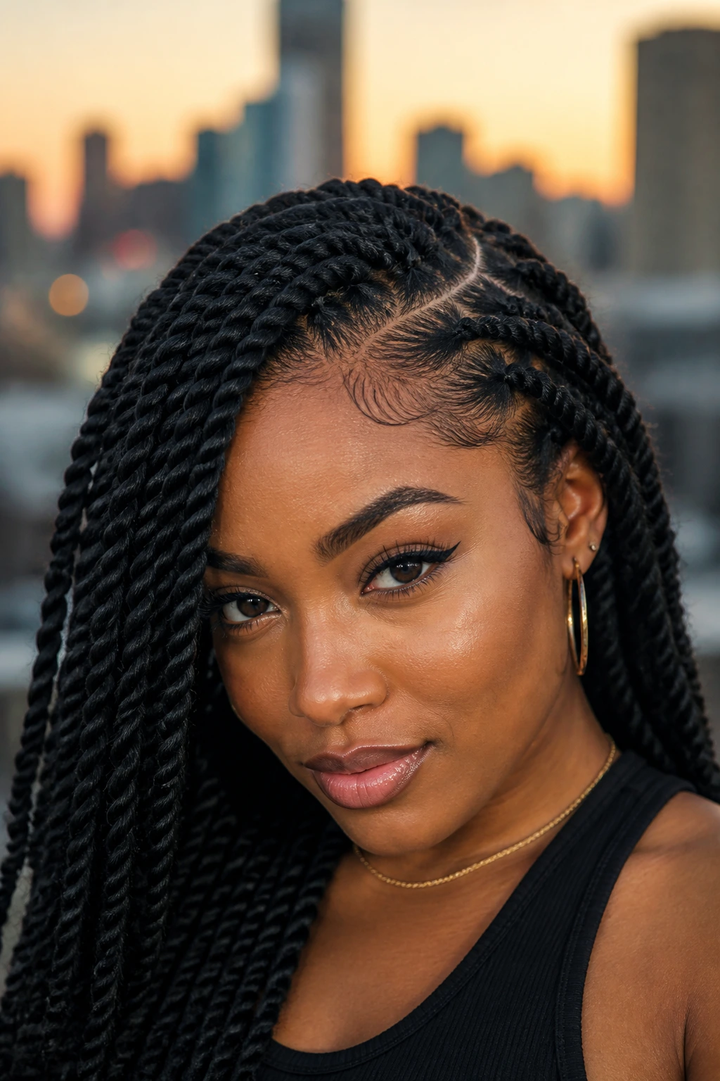 Portrait of a person with deep side-part rope twists against city backdrop