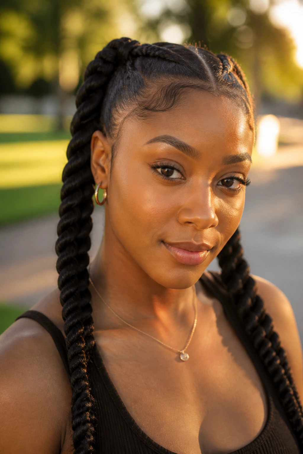 Close-up of real woman with rope-twist pigtails on thick hair