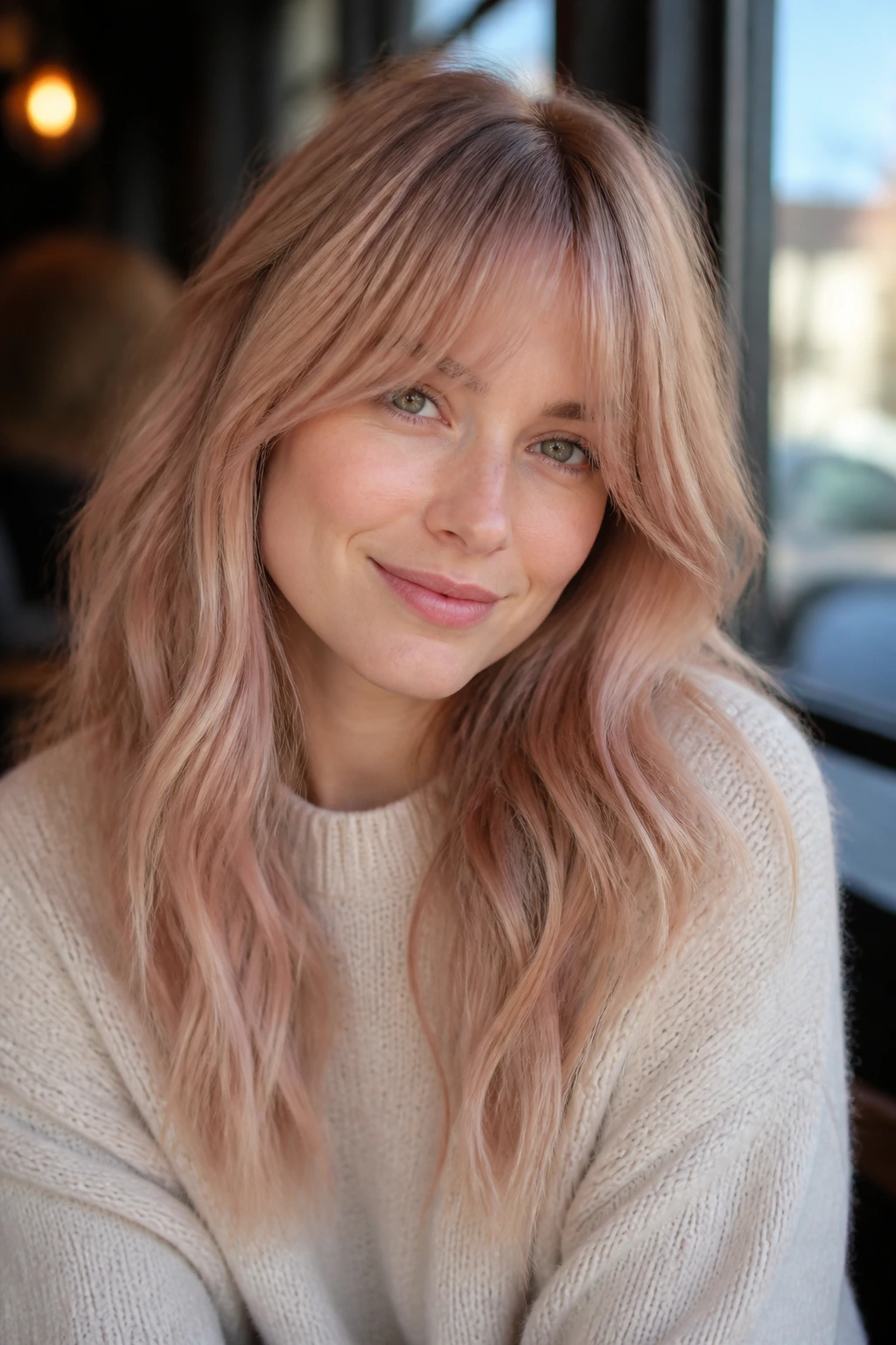 Portrait of a real woman with rose-beige balayage and long bangs by a cafe window