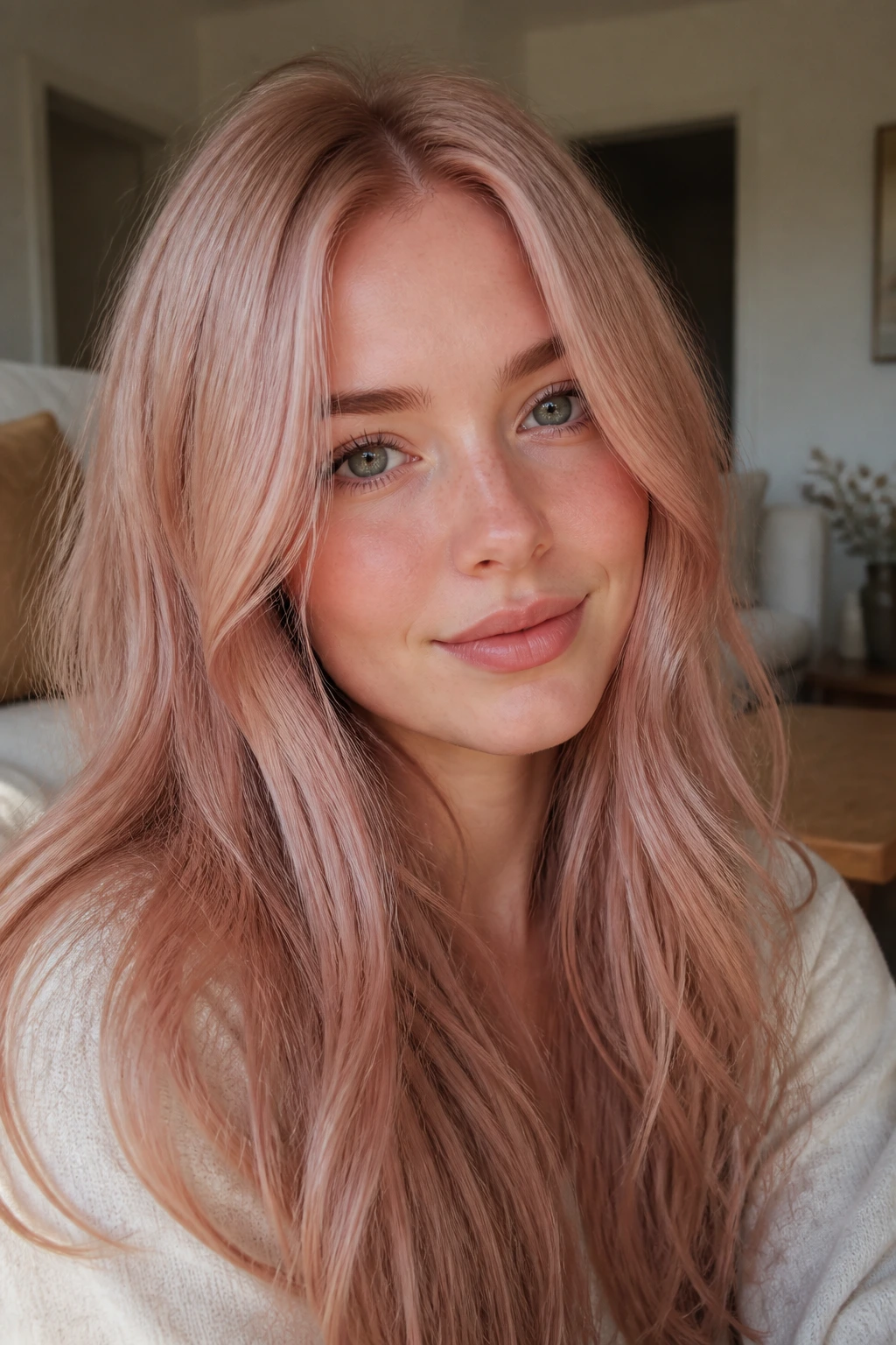Close-up portrait of a real woman with rose beige blonde hair and soft pink tones.