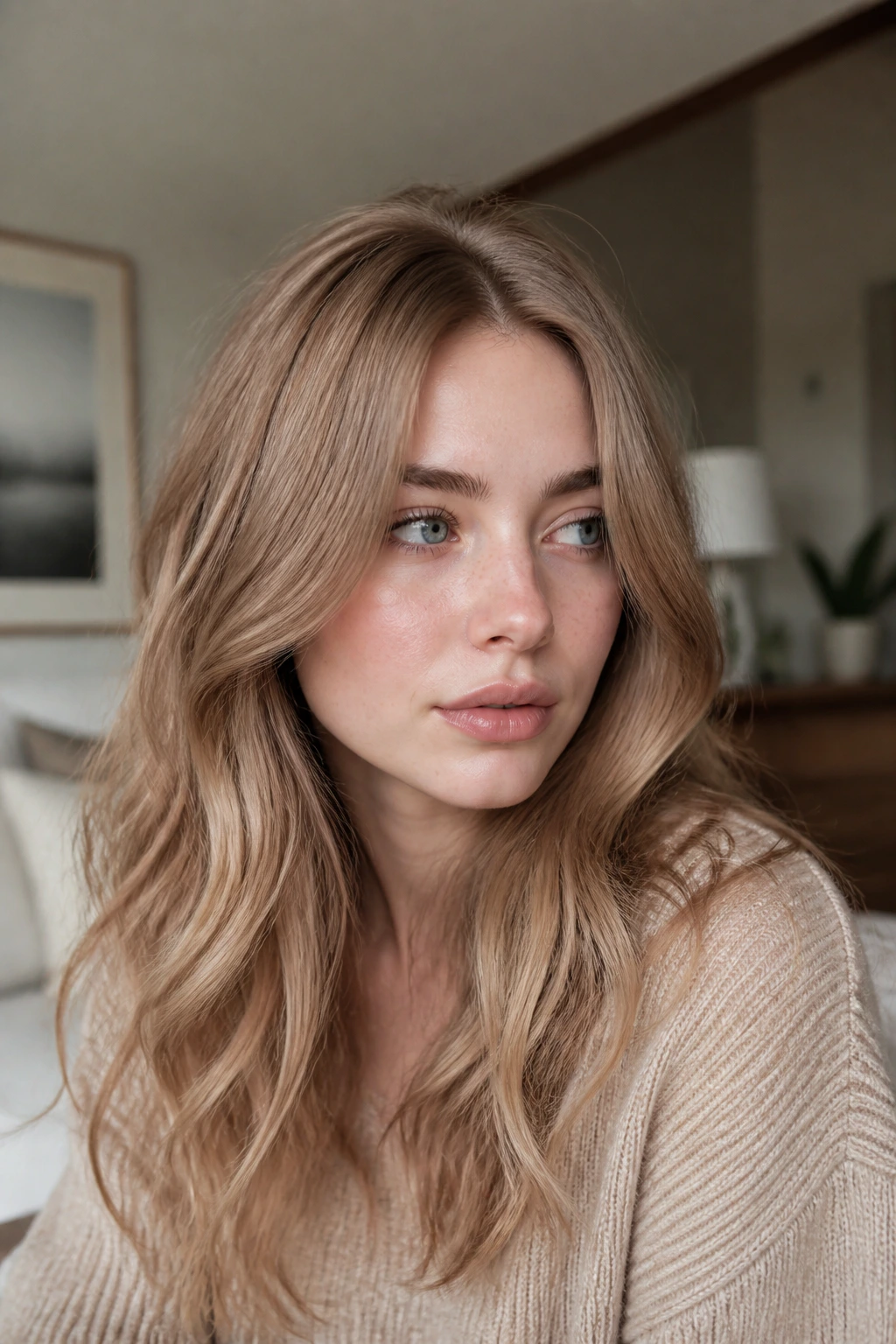 Close-up of a real woman with pale rose beige dark blonde, soft warm tones on fair skin